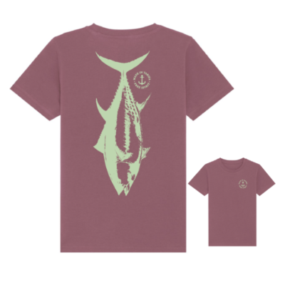 Camiseta de manga corta morada de Made in Tarifa con el diseño del atún Tuna Tarifa free spirit en verde agua