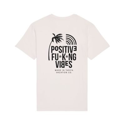 camiseta surfer blanca crudo con logo positive fucking vibes en negro