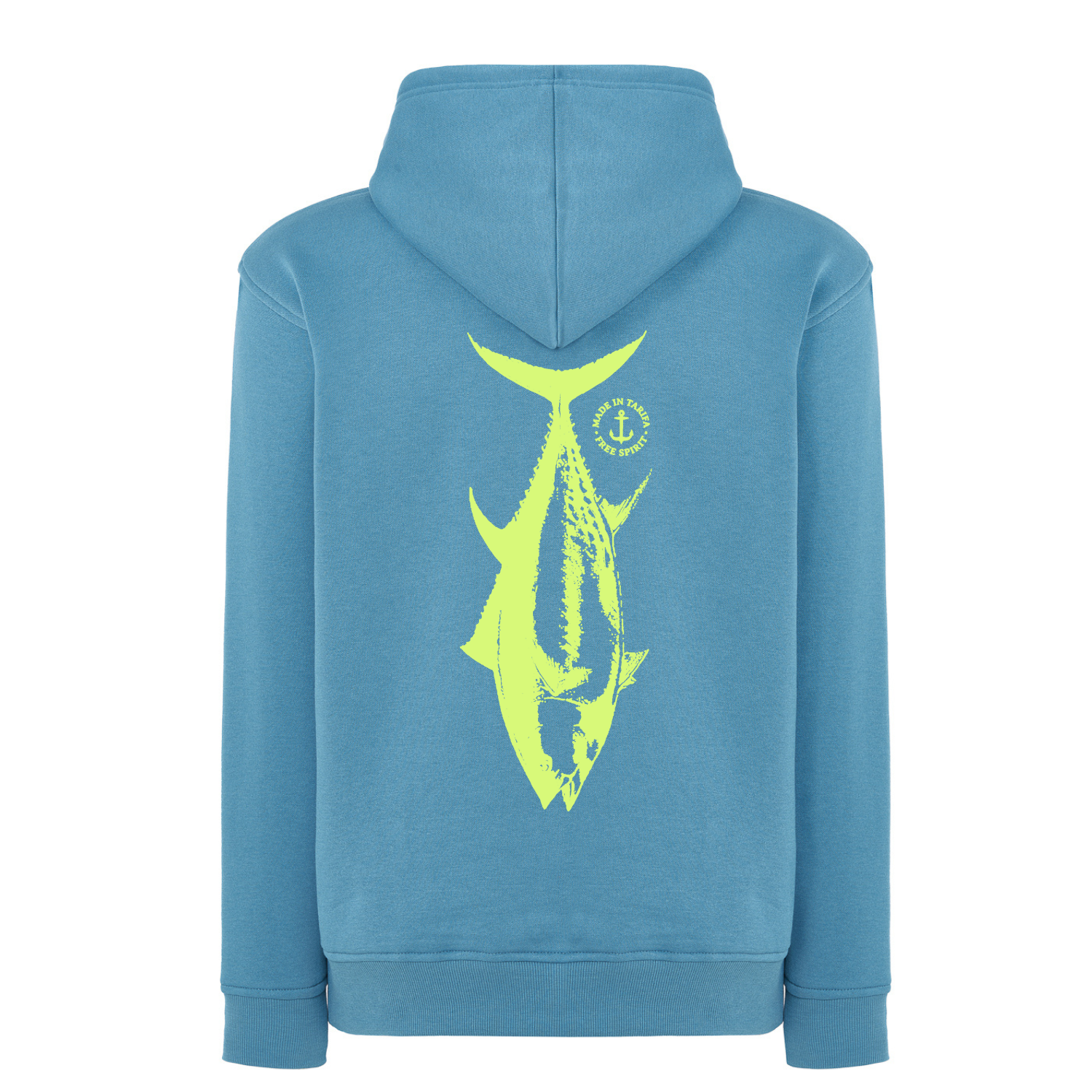sudadera concapucha azulturquesacon atún verde lima madeintarifa