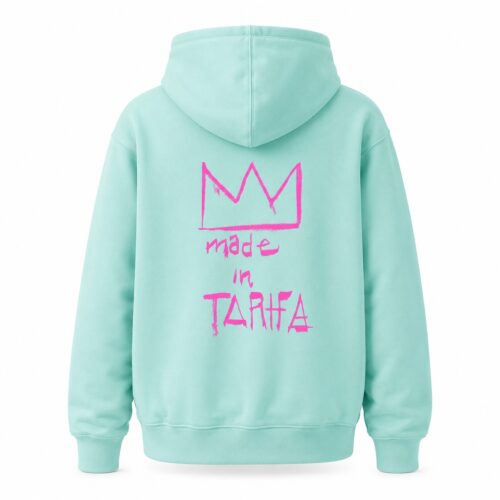 sudadera con capucha cremallera azul wave corona fluor rosa fornt madeintarifa