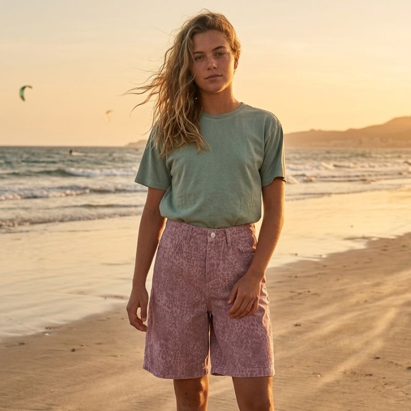Pantalones rosa surf gang animal back en la playa de tarifa